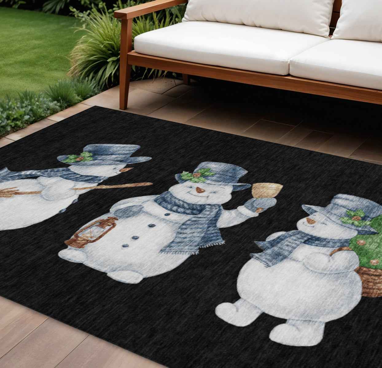 9' X 12' Black Denim Blue And Ivory Botanical Leaves Washable Indoor Outdoor Area Rug