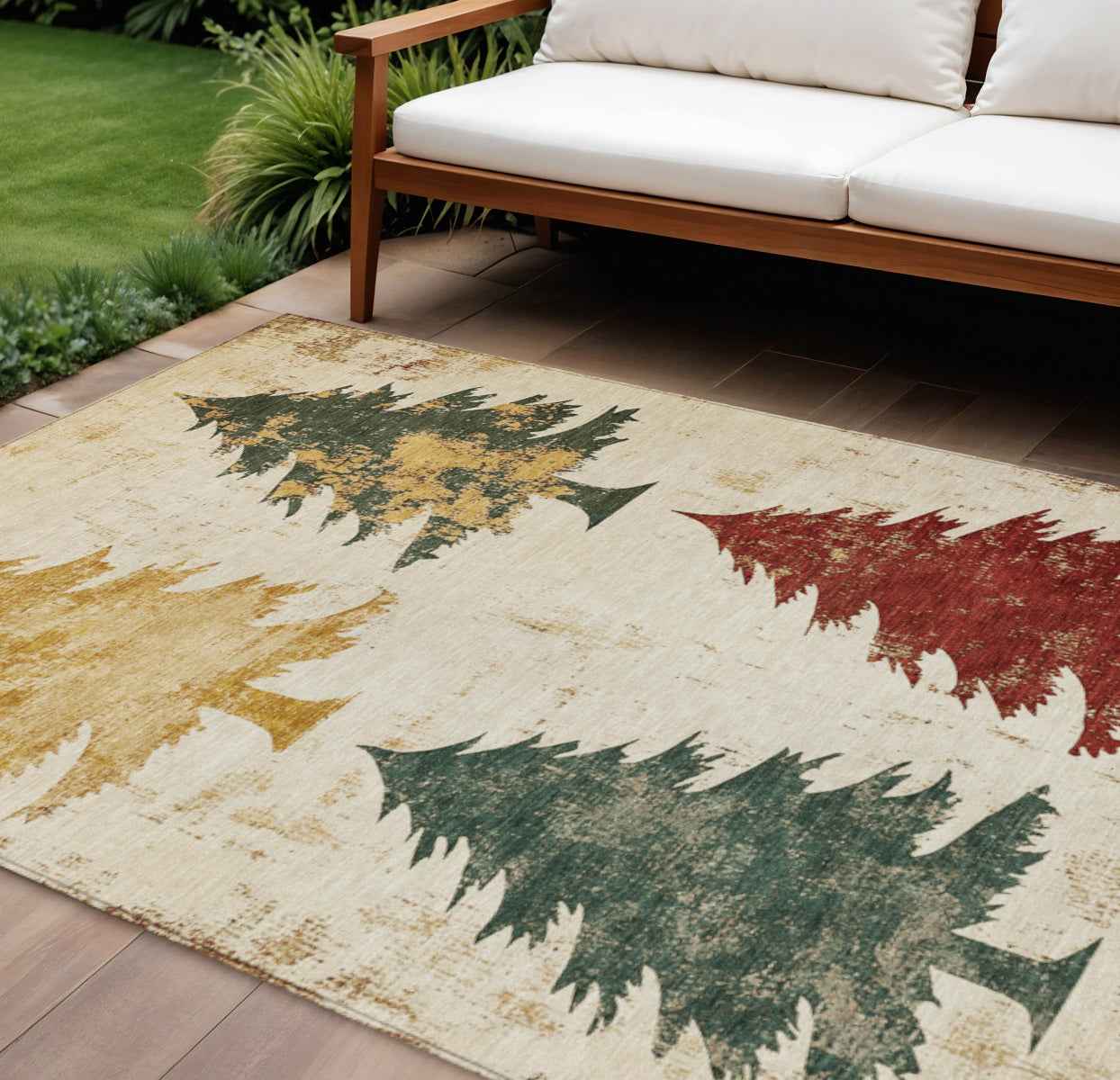 9' X 12' Ivory Gold And Burgundy Botanical Leaves Washable Indoor Outdoor Area Rug
