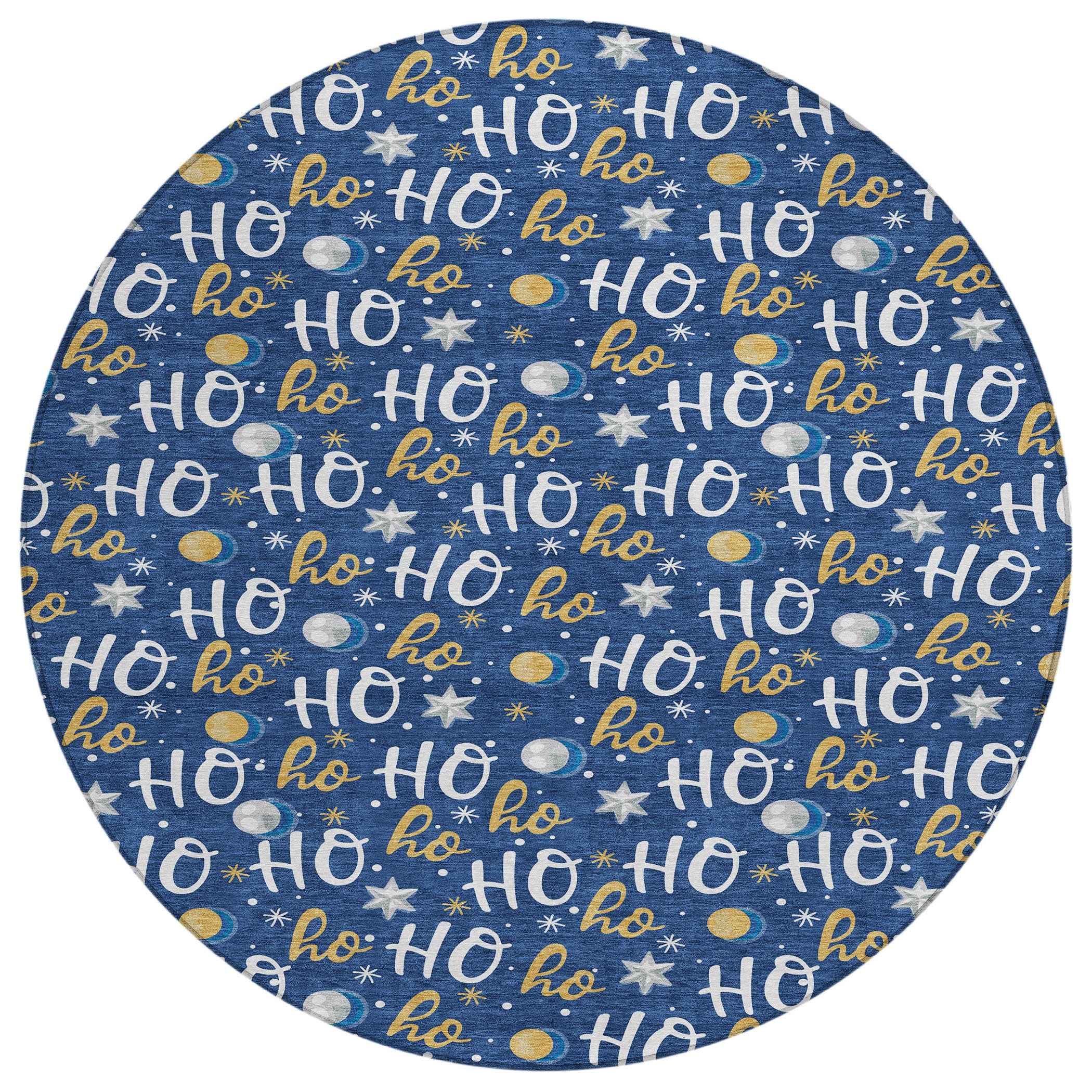 8' Navy Blue White And Gold Round Polka Dot Washable Indoor Outdoor Area Rug