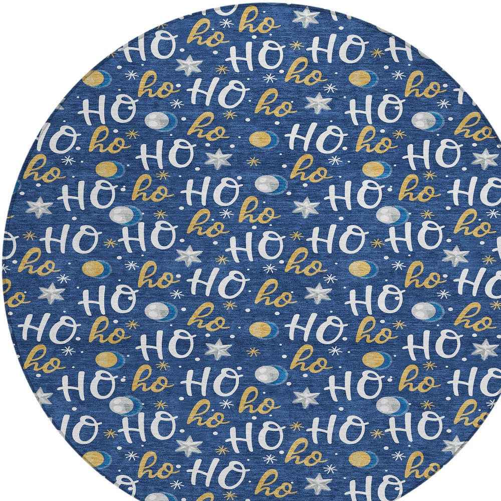 8' Navy Blue White And Gold Round Polka Dot Washable Indoor Outdoor Area Rug