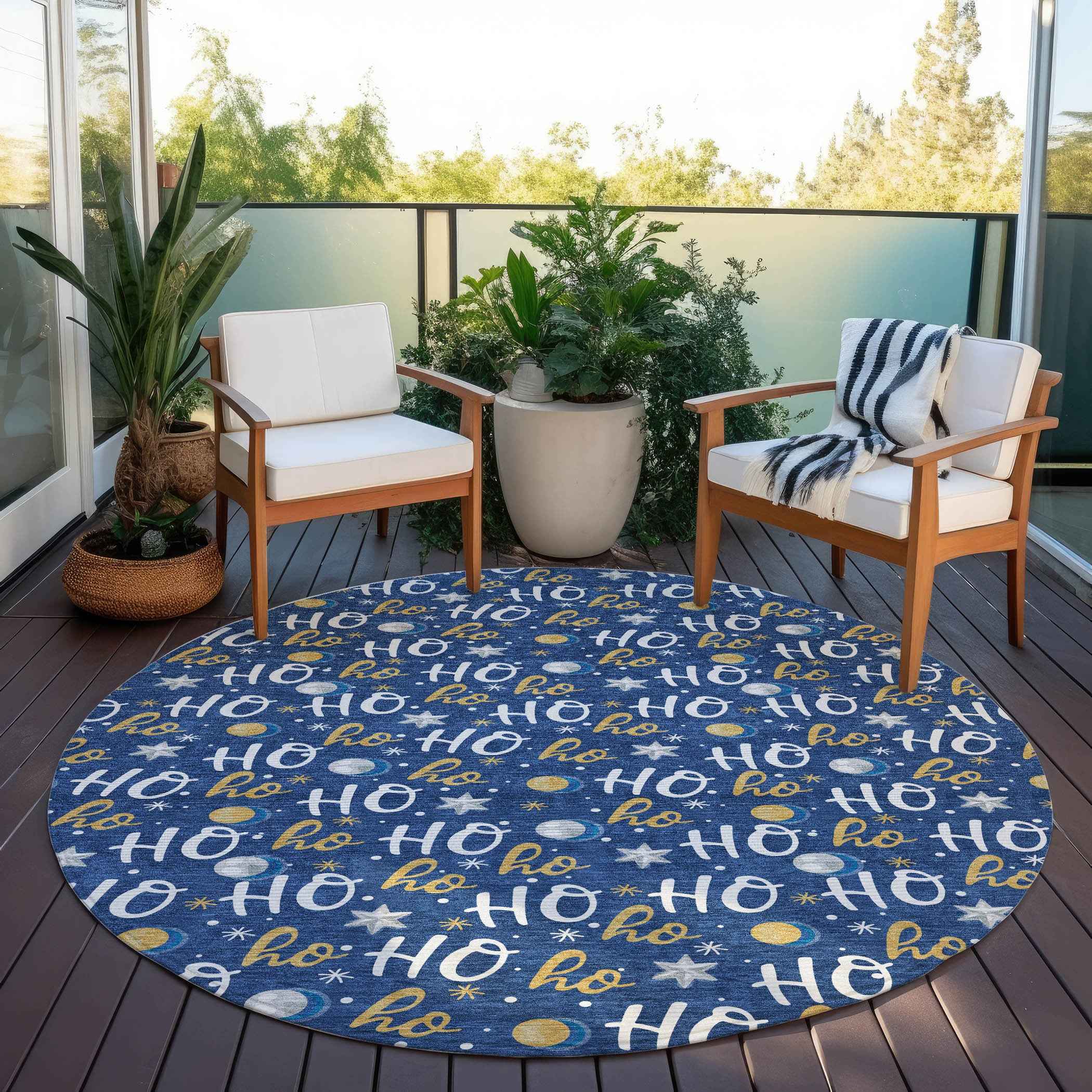 8' Navy Blue White And Gold Round Polka Dot Washable Indoor Outdoor Area Rug
