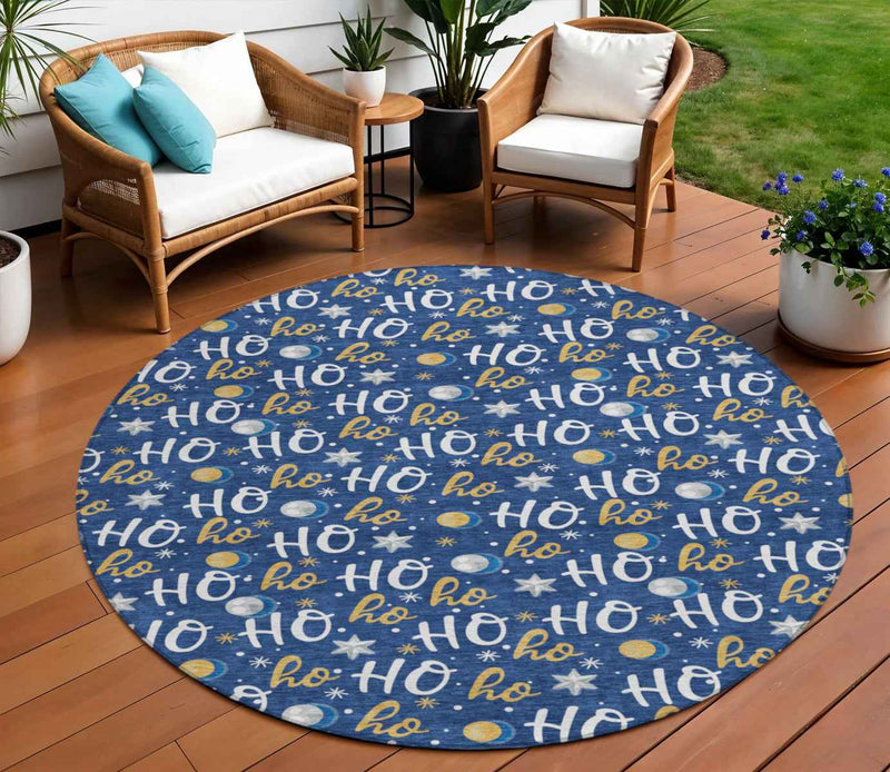8' Navy Blue White And Gold Round Polka Dot Washable Indoor Outdoor Area Rug