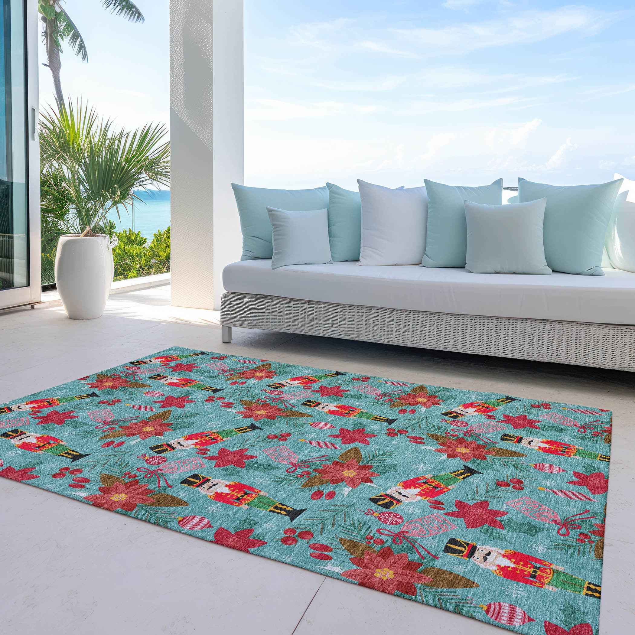 8' X 10' Teal Blue Red Black Pink And Brown Floral Washable Indoor Outdoor Area Rug