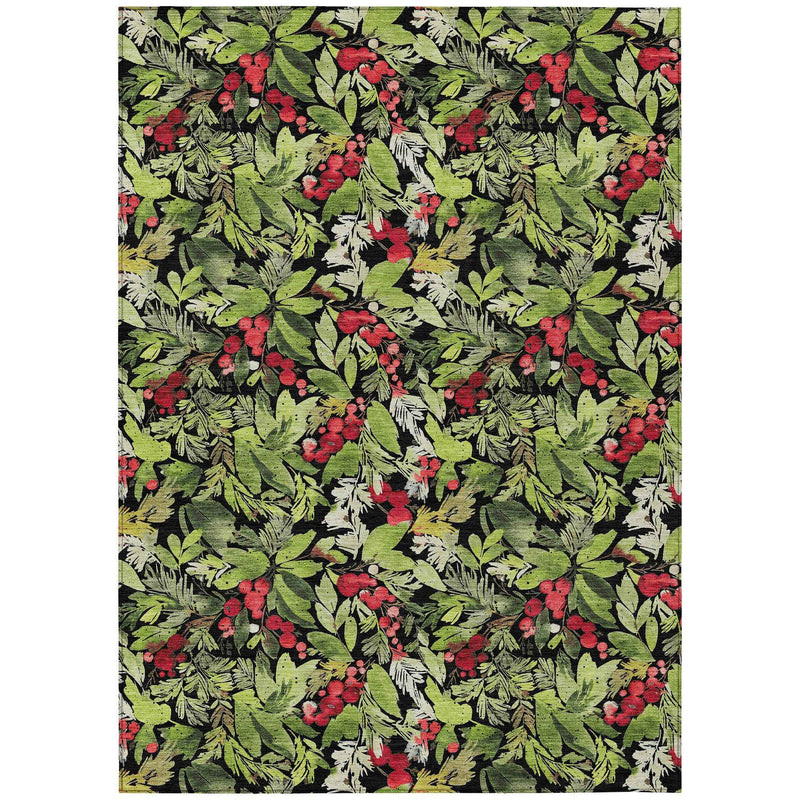 10' X 14' Black Green And Red Botanical Leaves Washable Indoor Outdoor Area Rug
