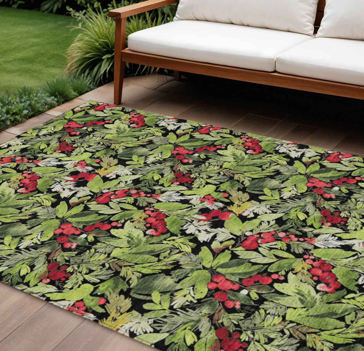 10' X 14' Black Green And Red Botanical Leaves Washable Indoor Outdoor Area Rug