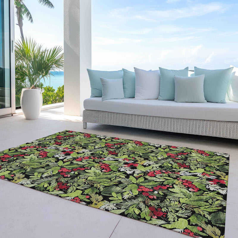 10' X 14' Black Green And Red Botanical Leaves Washable Indoor Outdoor Area Rug