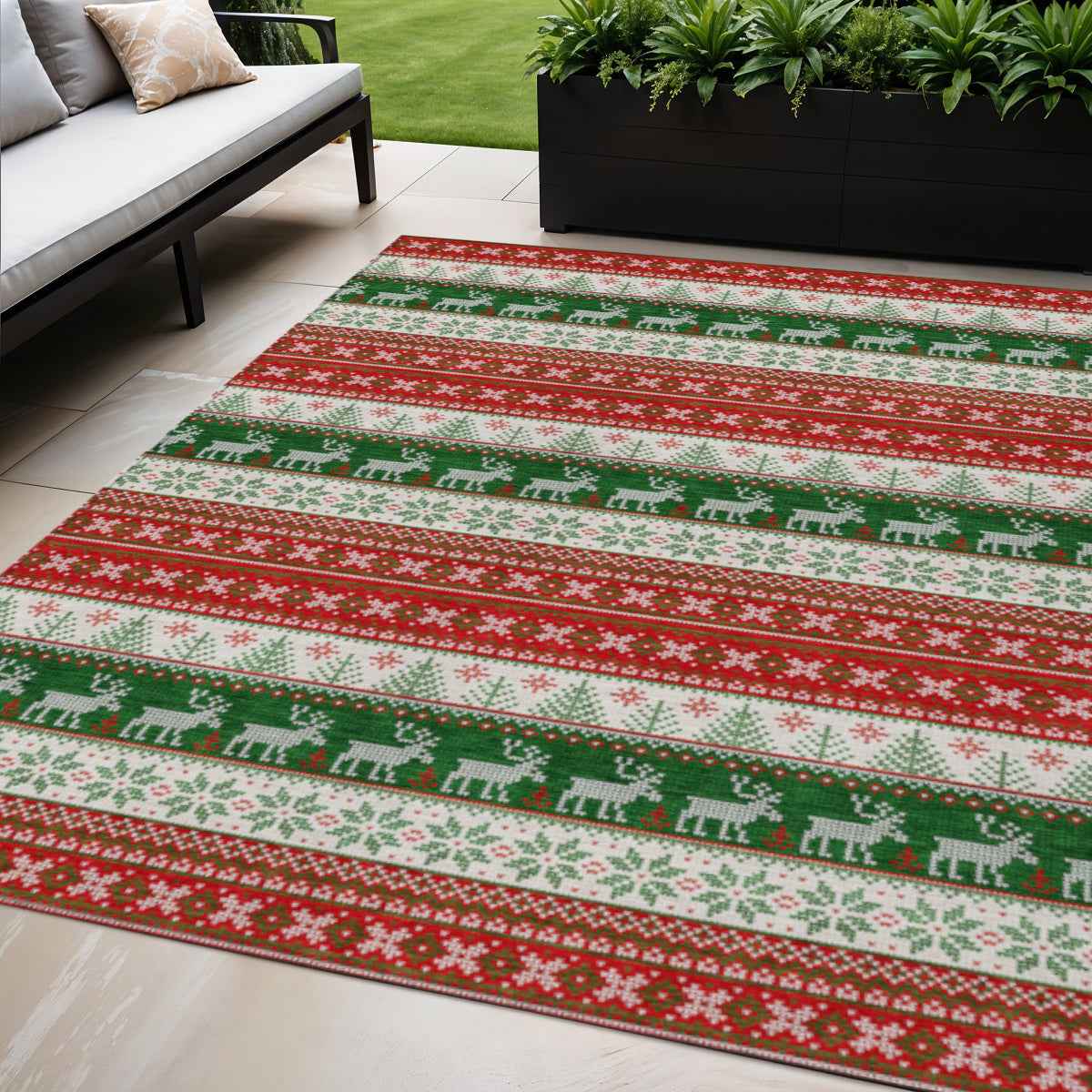 5' X 8' Red Green And Ivory Animal Print Washable Indoor Outdoor Area Rug