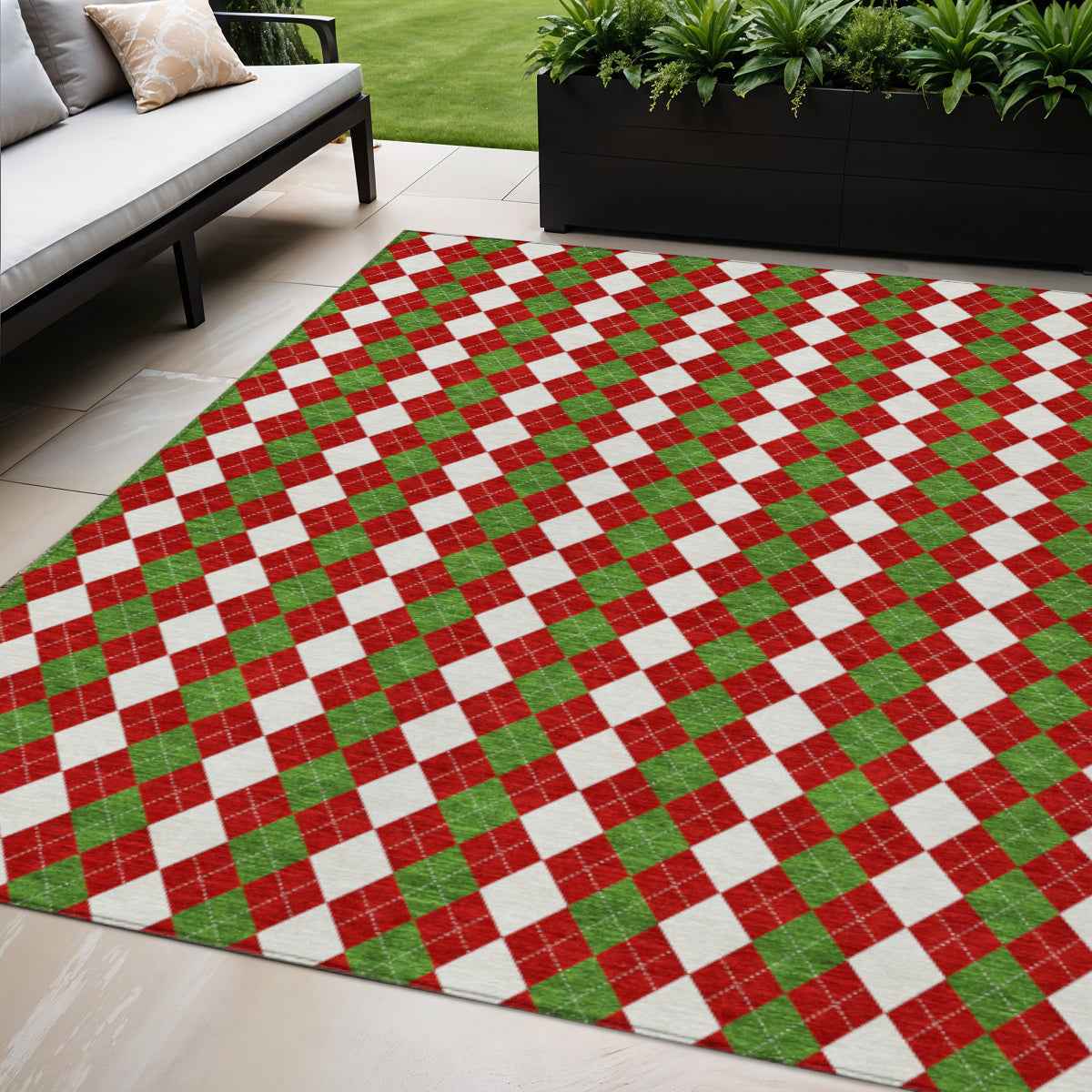 5' X 8' Red White And Green Argyle Washable Indoor Outdoor Area Rug