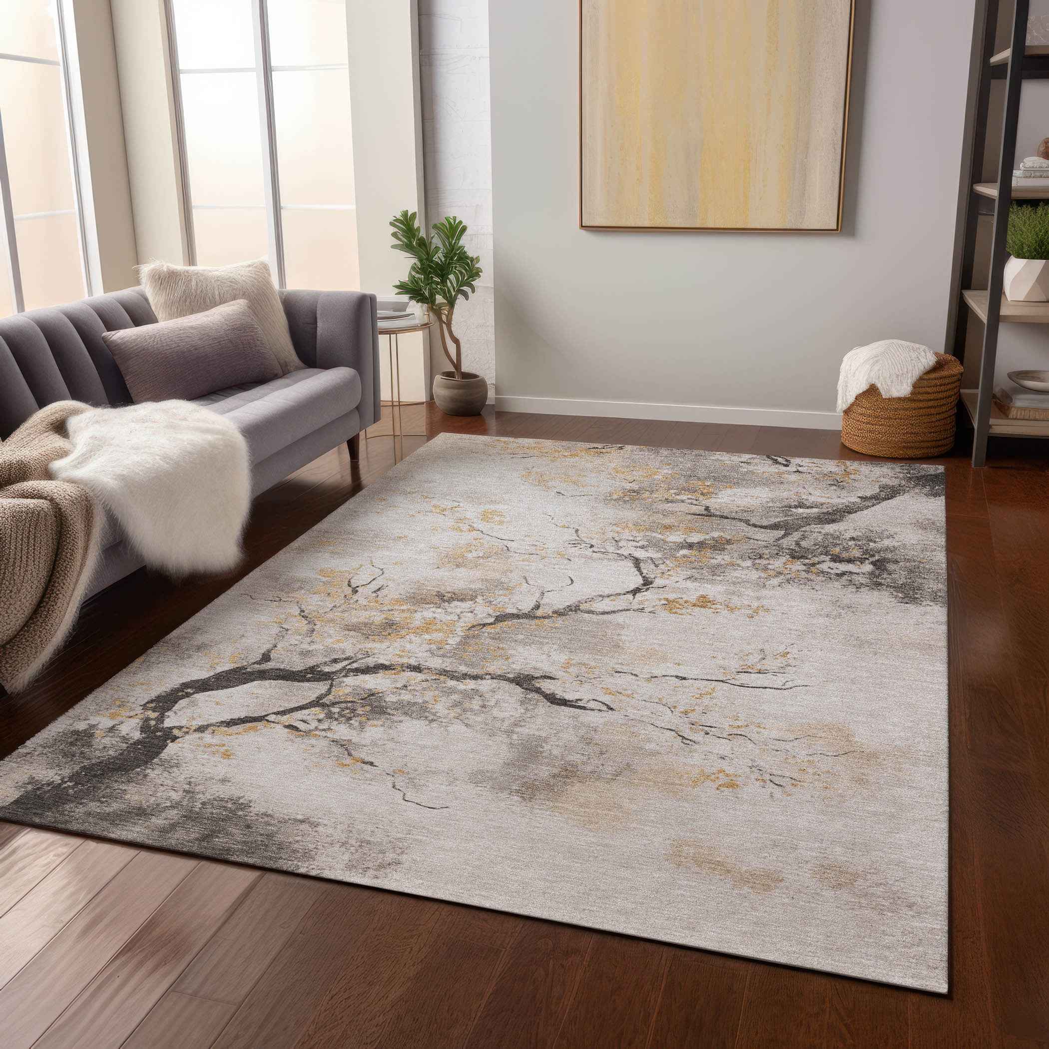 8' X 10' Beige Charcoal And Gold Floral Washable Indoor Outdoor Area Rug