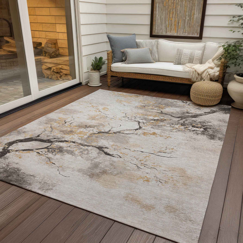 8' X 10' Beige Charcoal And Gold Floral Washable Indoor Outdoor Area Rug