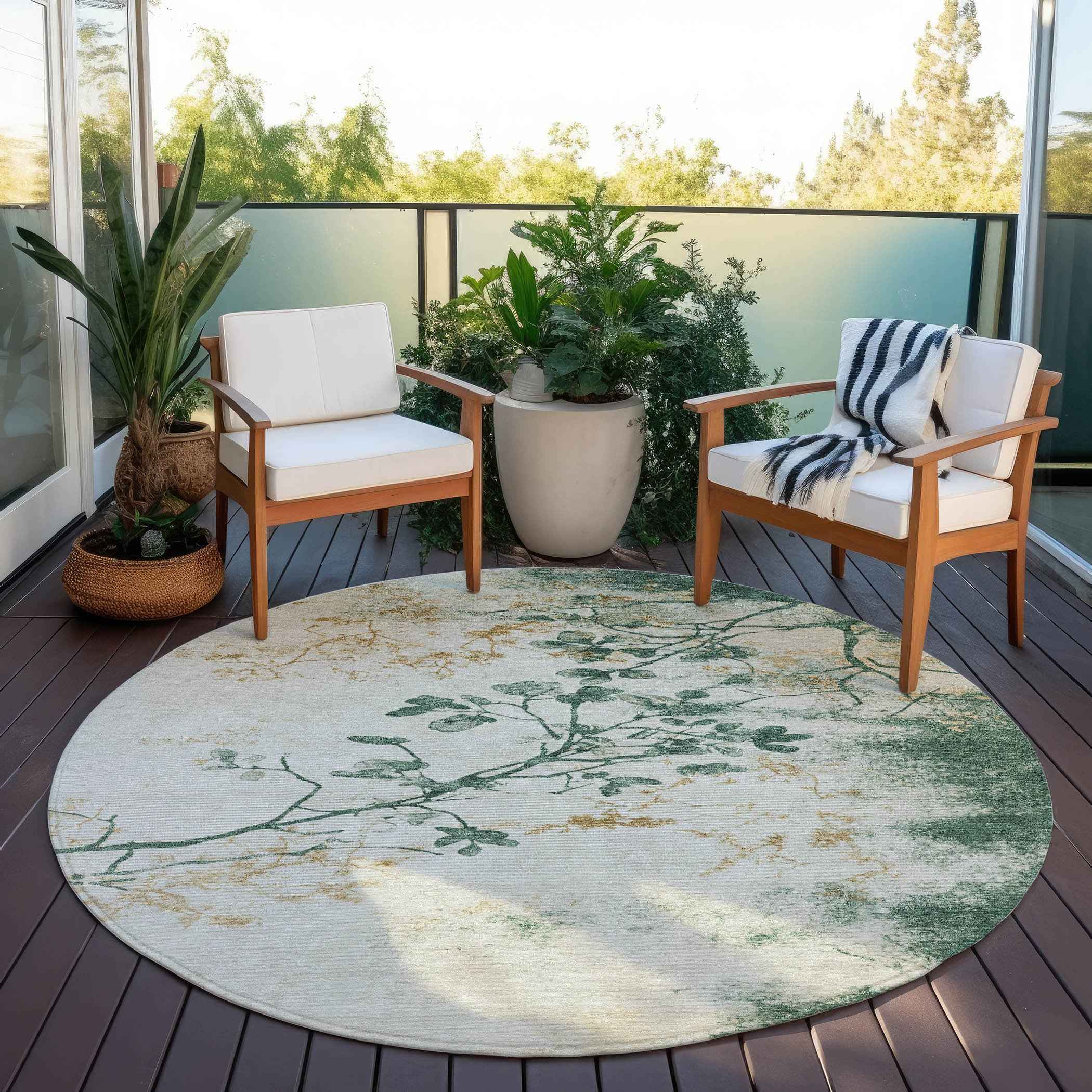 8' Emerald Ivory And Gold Round Floral Washable Indoor Outdoor Area Rug