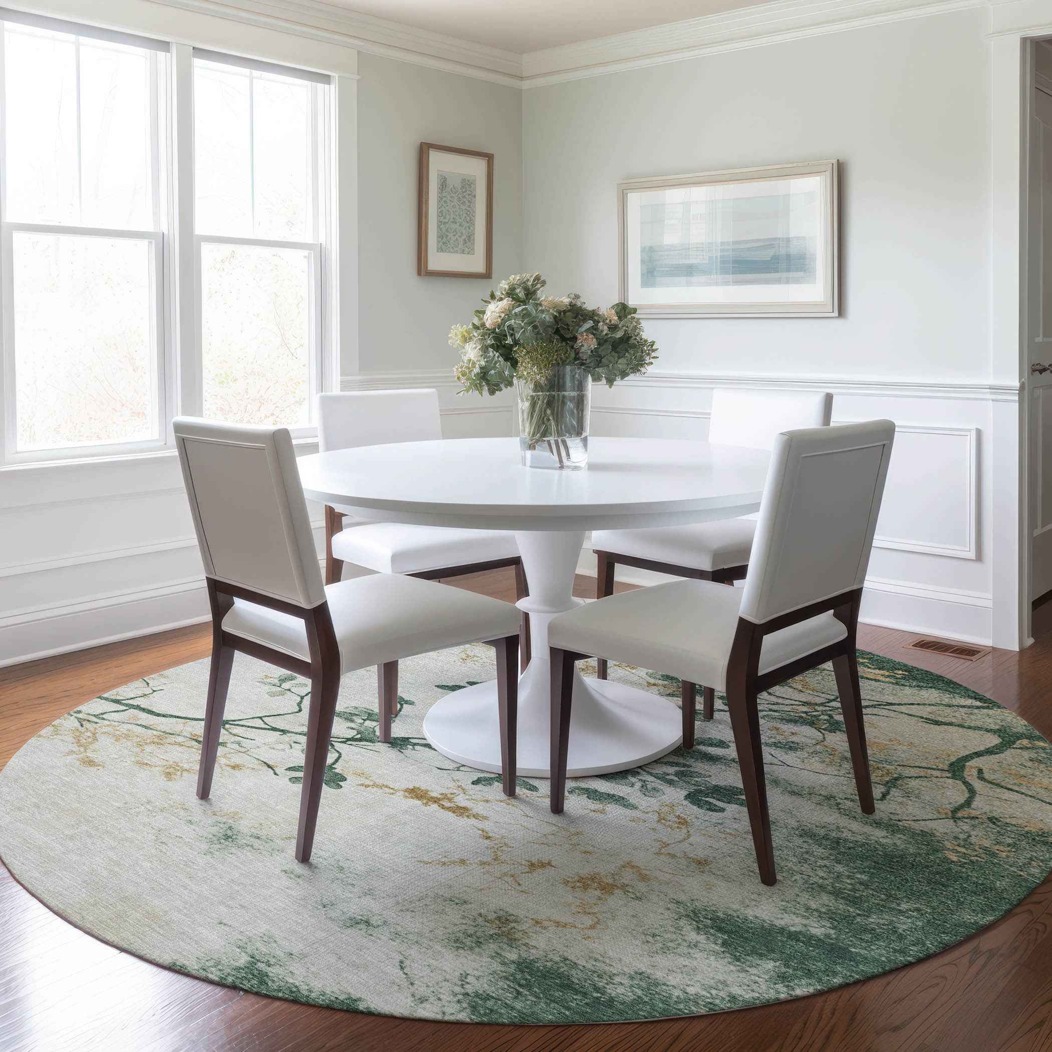 8' Emerald Ivory And Gold Round Floral Washable Indoor Outdoor Area Rug