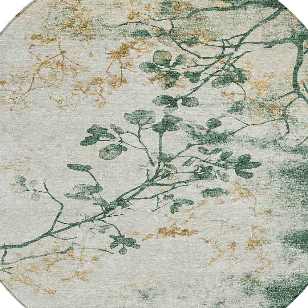 8' Emerald Ivory And Gold Round Floral Washable Indoor Outdoor Area Rug