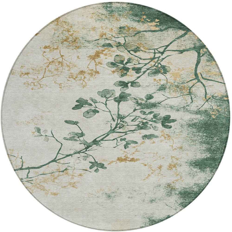8' Emerald Ivory And Gold Round Floral Washable Indoor Outdoor Area Rug