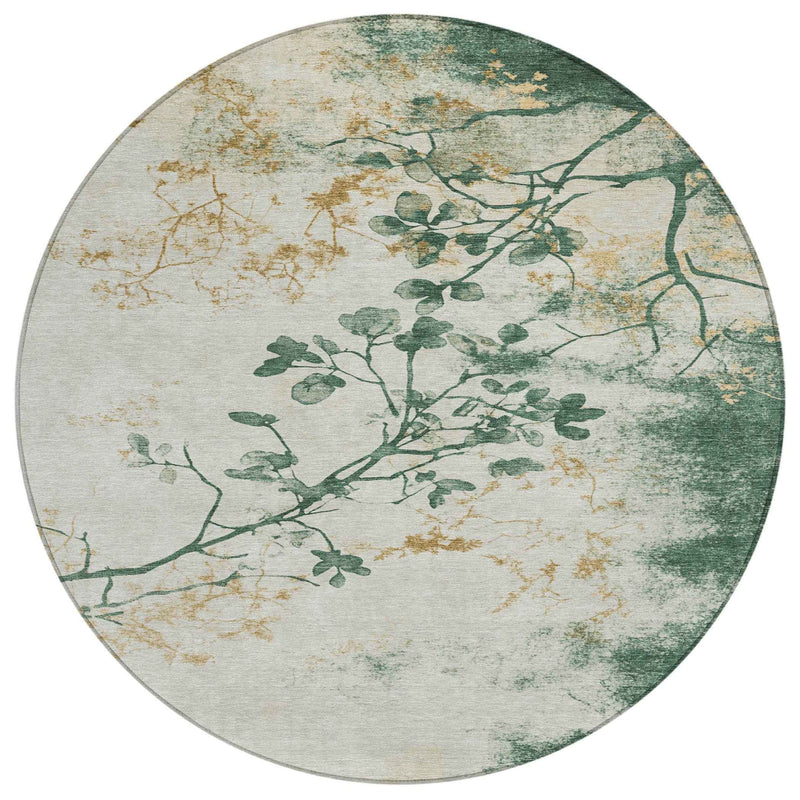 8' Emerald Ivory And Gold Round Floral Washable Indoor Outdoor Area Rug