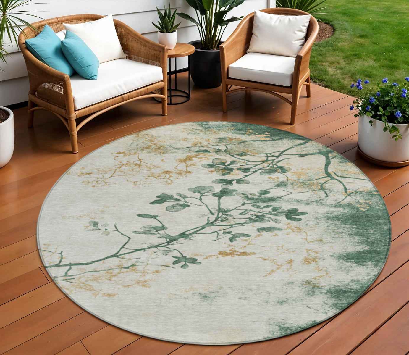 8' Emerald Ivory And Gold Round Floral Washable Indoor Outdoor Area Rug