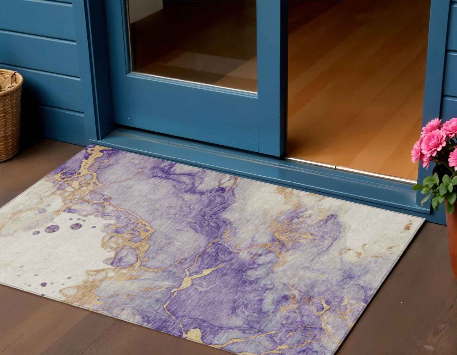 3' X 5' Purple And Gold Abstract Washable Indoor Outdoor Area Rug