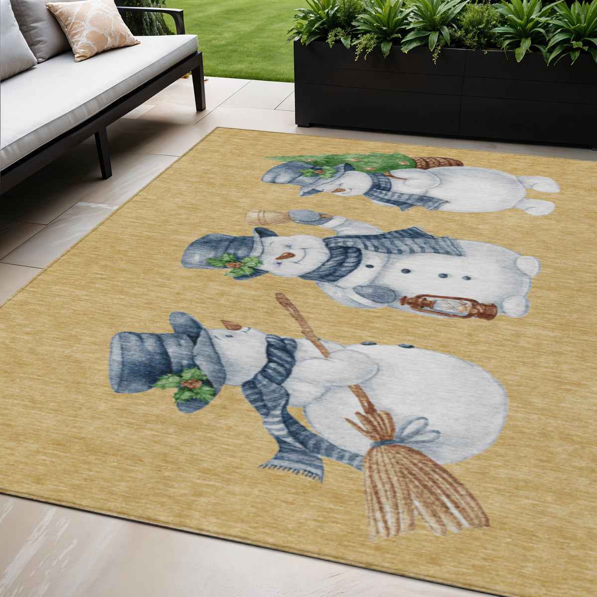 5' X 8' Gold Denim Blue And Ivory Botanical Leaves Washable Indoor Outdoor Area Rug