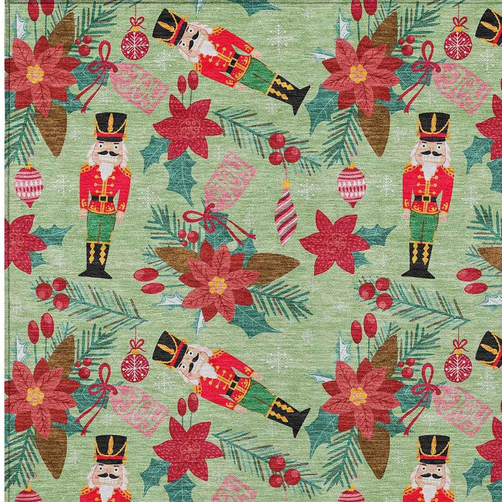 8' X 10' Artichoke Green Red Black Pink And Brown Floral Washable Indoor Outdoor Area Rug