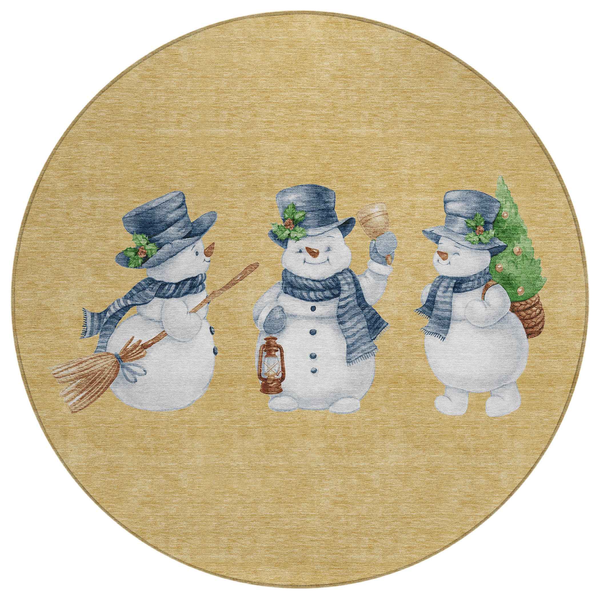 8' Gold Denim Blue And Ivory Round Botanical Leaves Washable Indoor Outdoor Area Rug