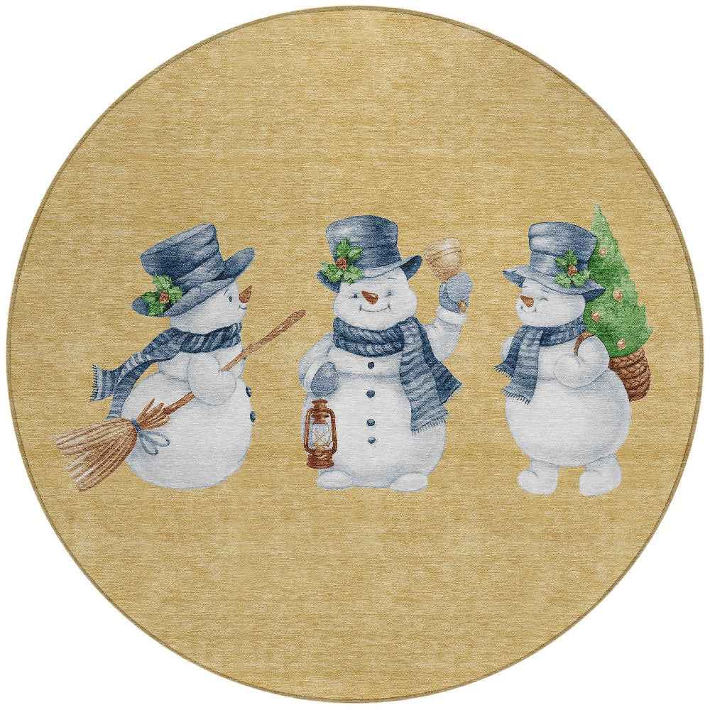 8' Gold Denim Blue And Ivory Round Botanical Leaves Washable Indoor Outdoor Area Rug