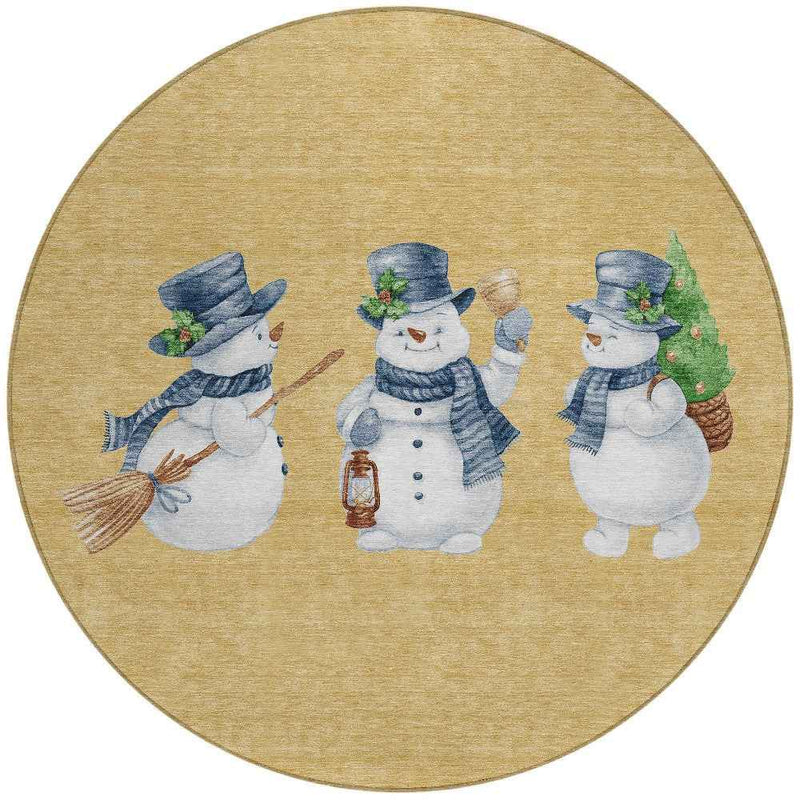 8' Gold Denim Blue And Ivory Round Botanical Leaves Washable Indoor Outdoor Area Rug