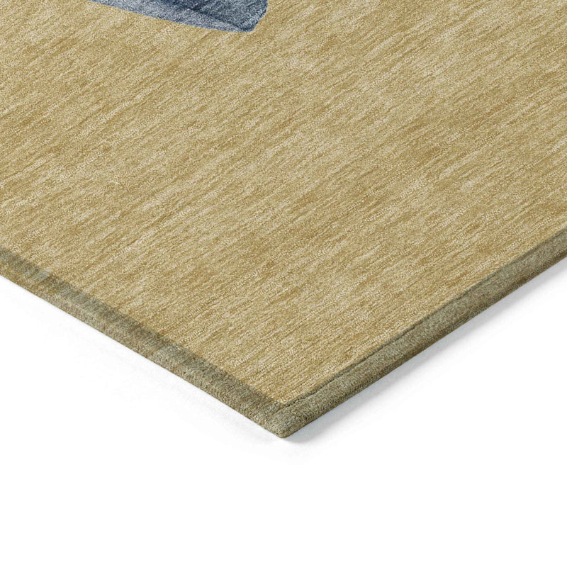 8' Gold Denim Blue And Ivory Round Botanical Leaves Washable Indoor Outdoor Area Rug