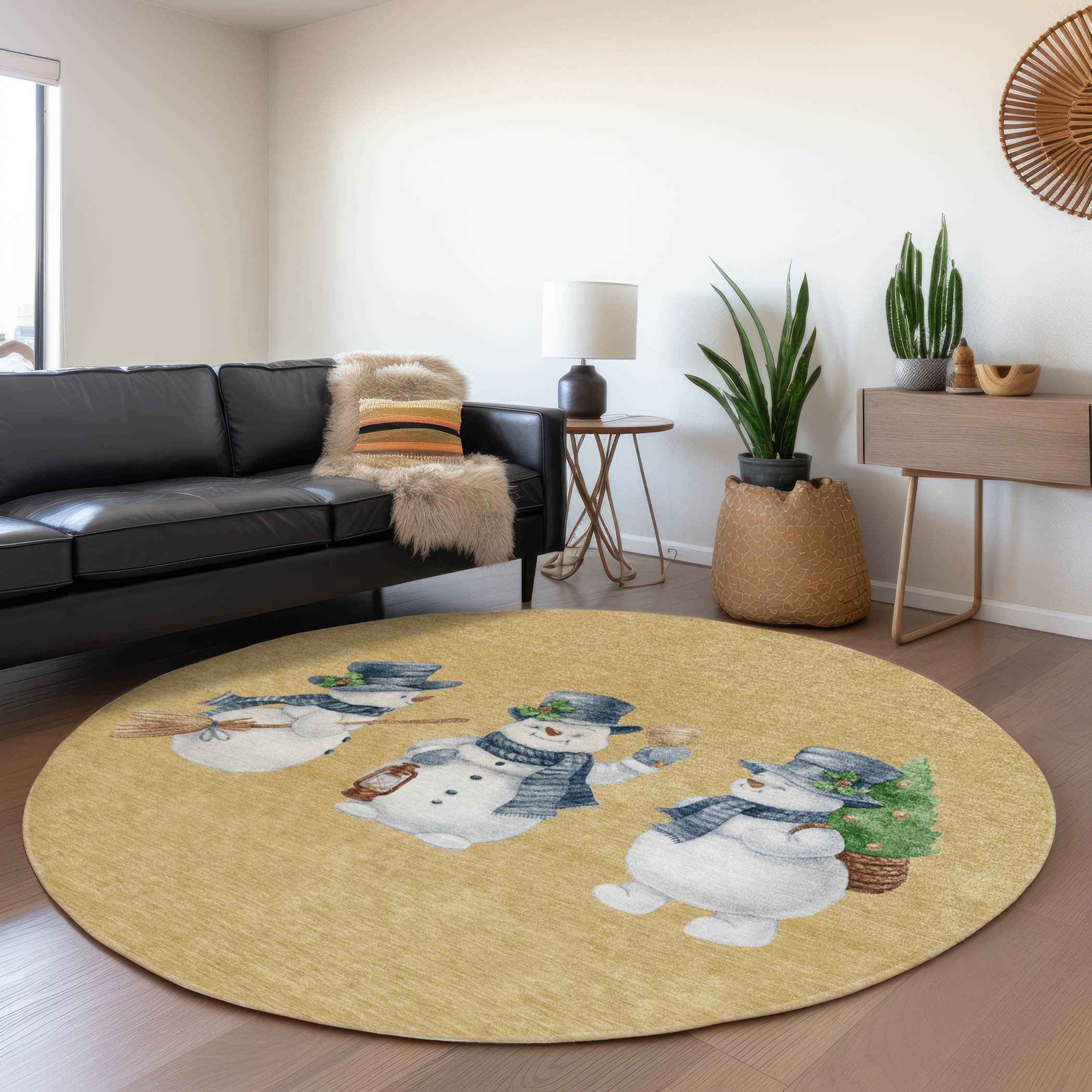 8' Gold Denim Blue And Ivory Round Botanical Leaves Washable Indoor Outdoor Area Rug