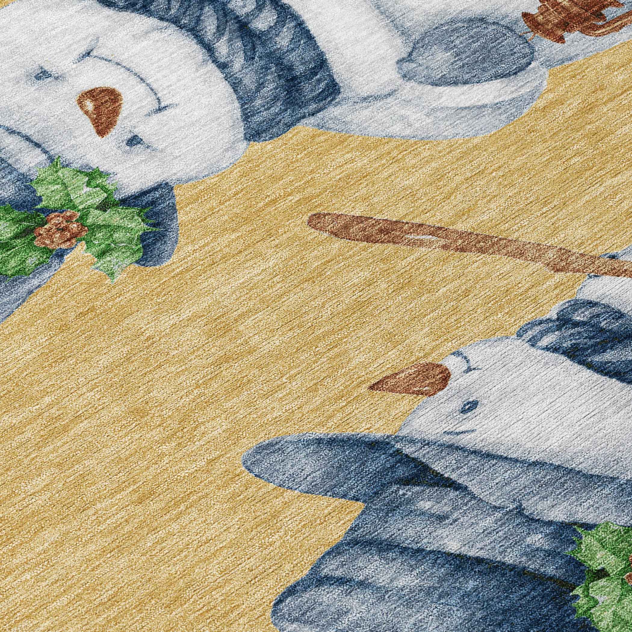 8' Gold Denim Blue And Ivory Round Botanical Leaves Washable Indoor Outdoor Area Rug