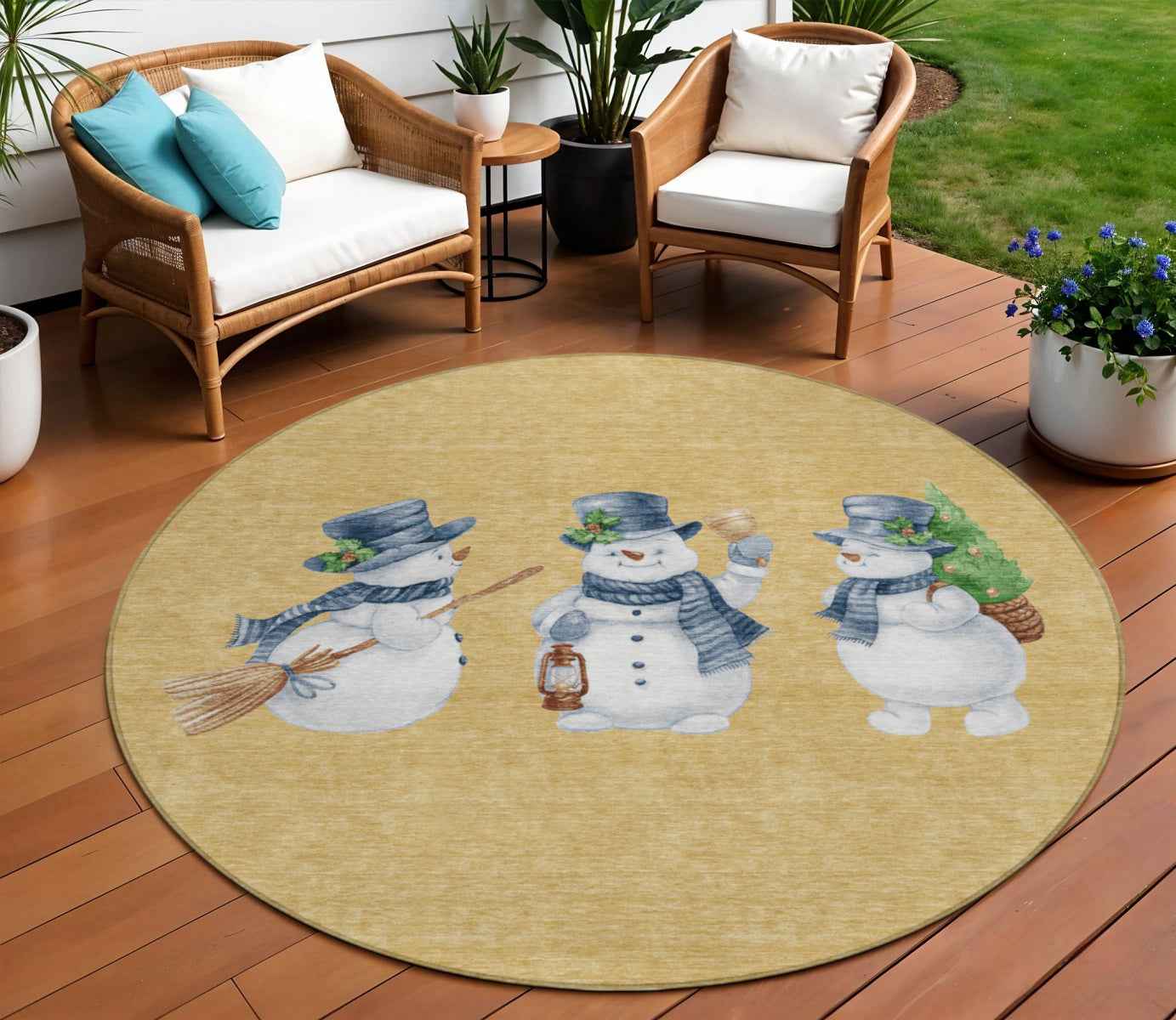 8' Gold Denim Blue And Ivory Round Botanical Leaves Washable Indoor Outdoor Area Rug