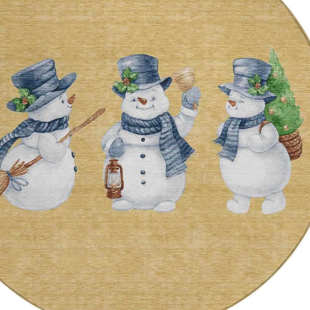 8' Gold Denim Blue And Ivory Round Botanical Leaves Washable Indoor Outdoor Area Rug