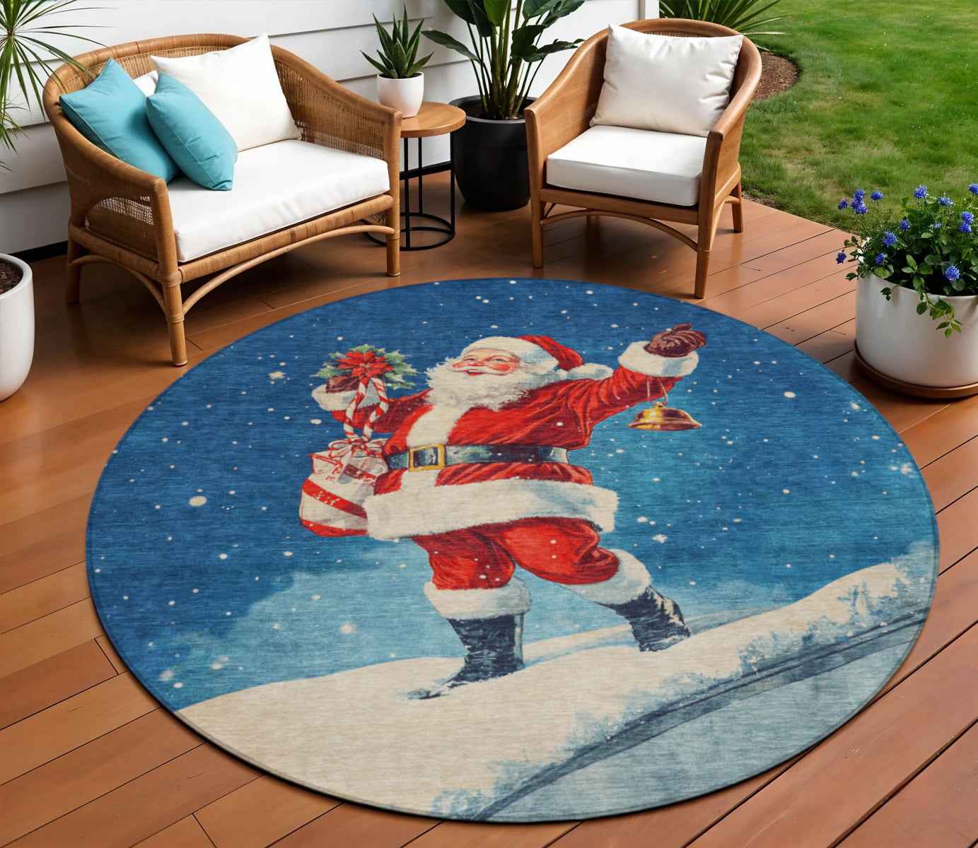 8' Blue Red White Green And Gold Round Floral Washable Indoor Outdoor Area Rug Default Title