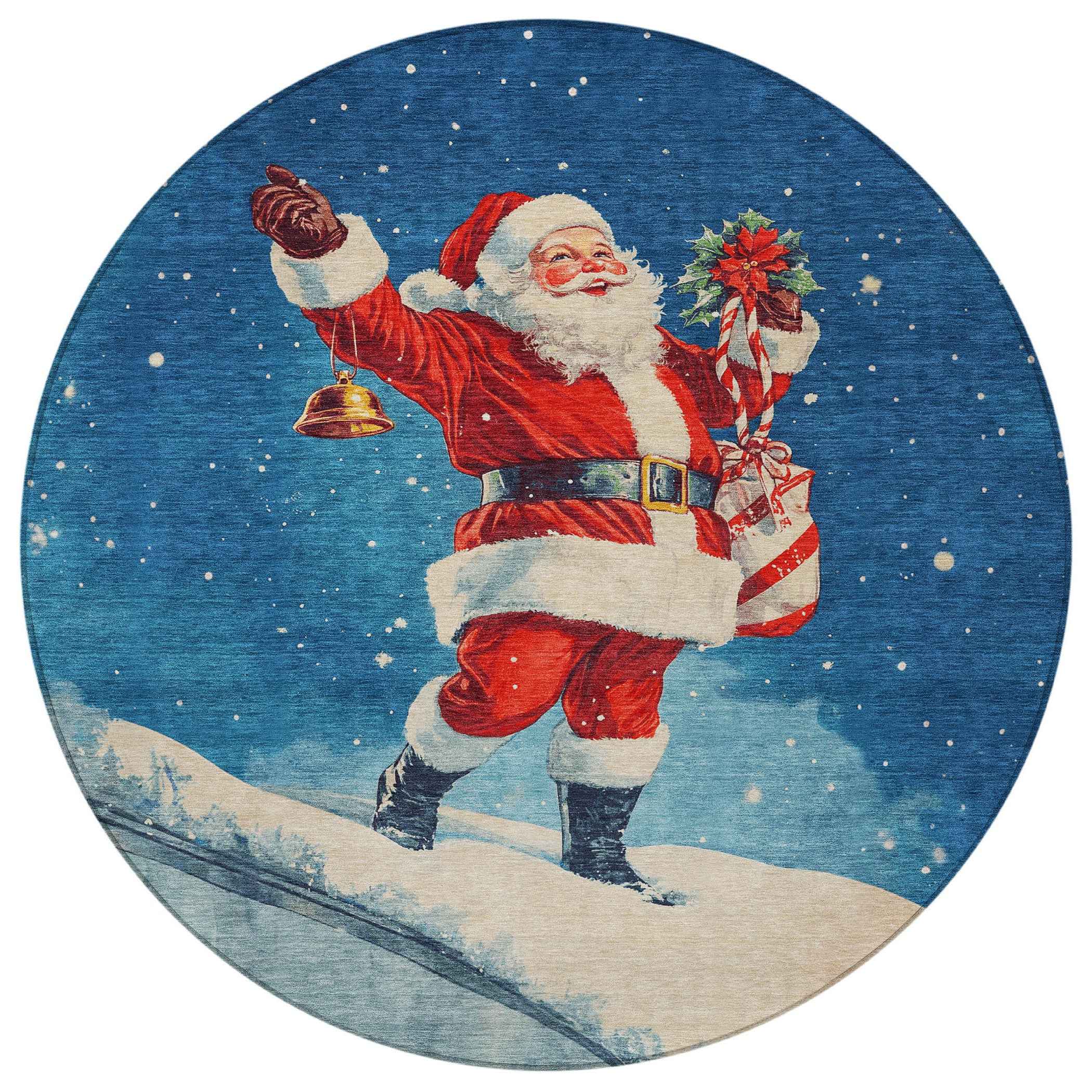 8' Blue Red White Green And Gold Round Floral Washable Indoor Outdoor Area Rug