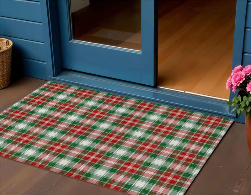 3' X 5' Emerald Red And White Plaid Washable Indoor Outdoor Area Rug