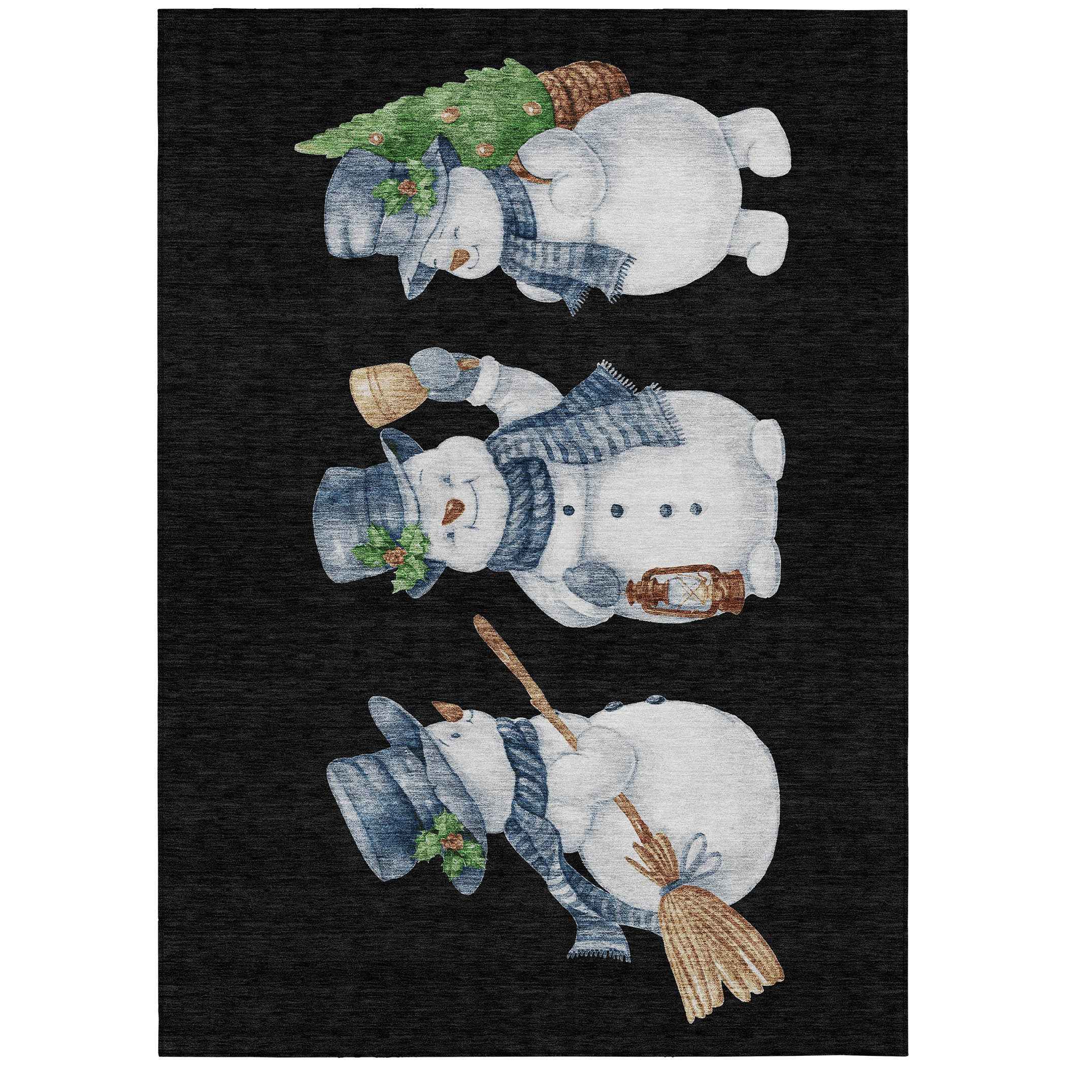 3' X 5' Black Denim Blue And Ivory Snowmen Washable Indoor Outdoor Area Rug
