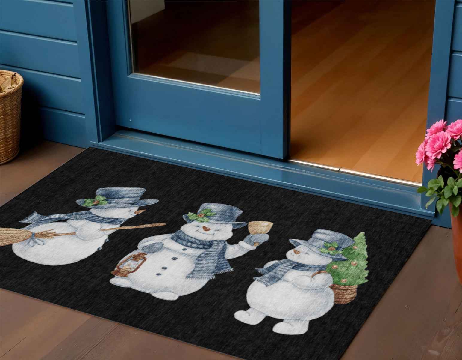 3' X 5' Black Denim Blue And Ivory Snowmen Washable Indoor Outdoor Area Rug