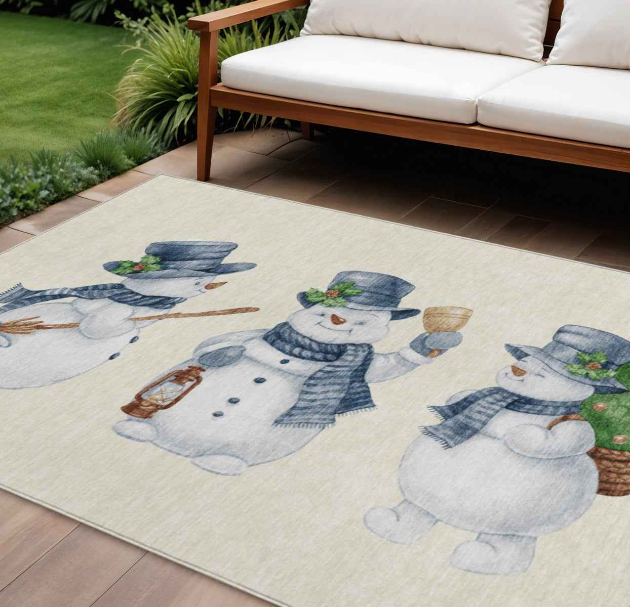 10' X 14' Ivory And Denim Blue Botanical Leaves Washable Indoor Outdoor Area Rug
