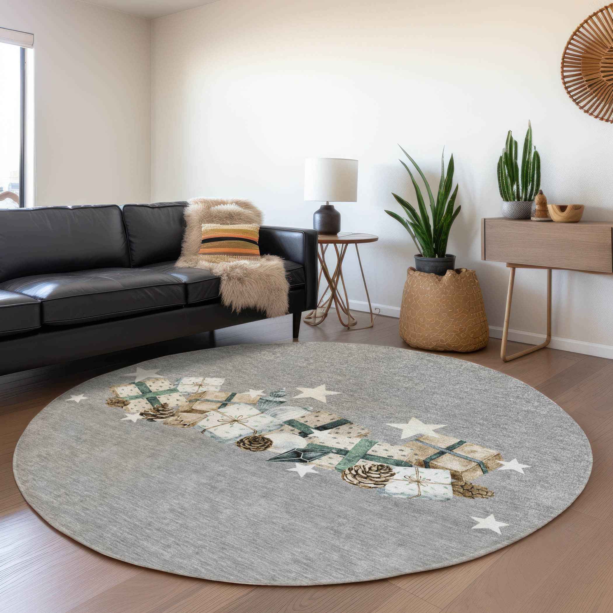 8' Gray Beige Ivory And Taupe Round Geometric Washable Indoor Outdoor Area Rug