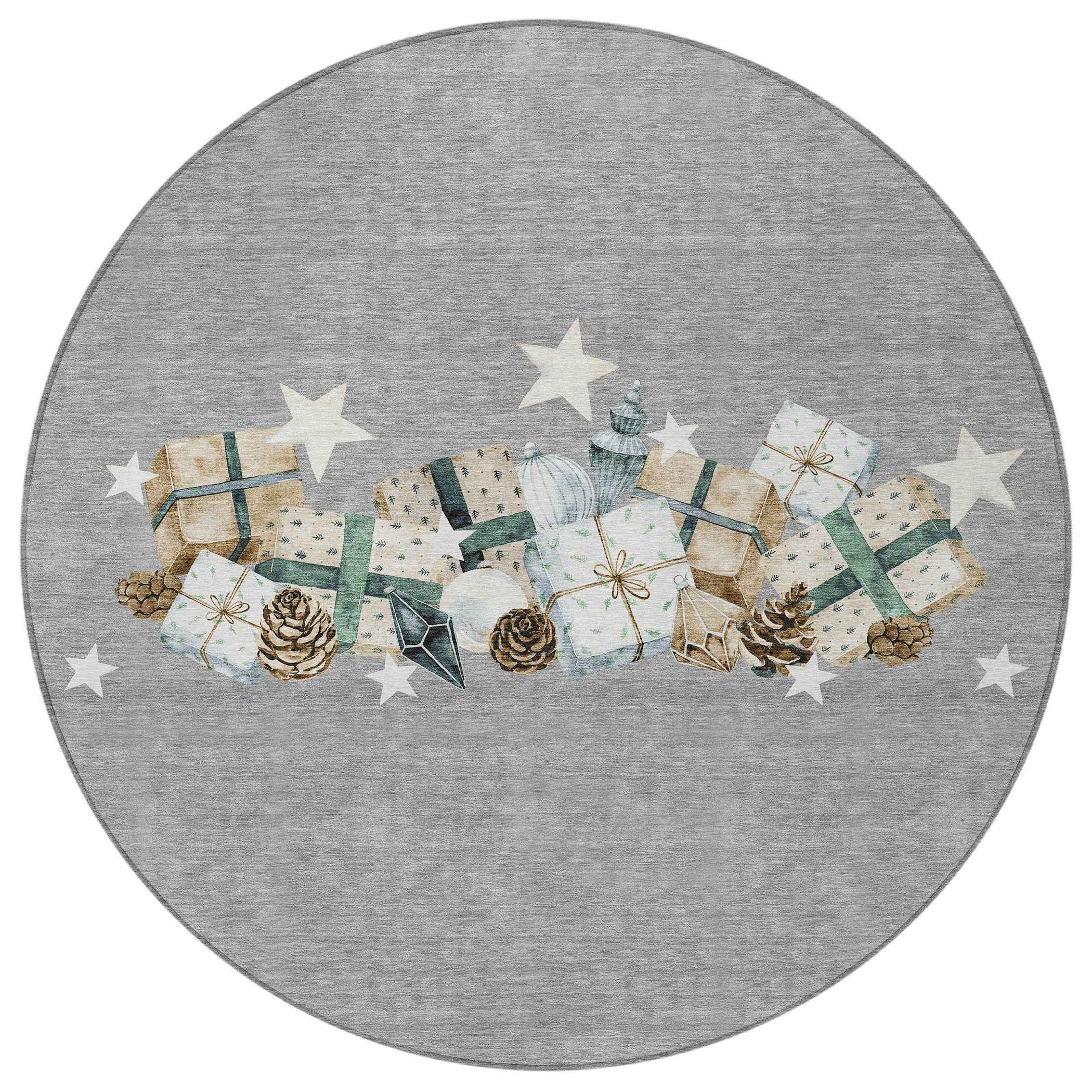 8' Gray Beige Ivory And Taupe Round Geometric Washable Indoor Outdoor Area Rug