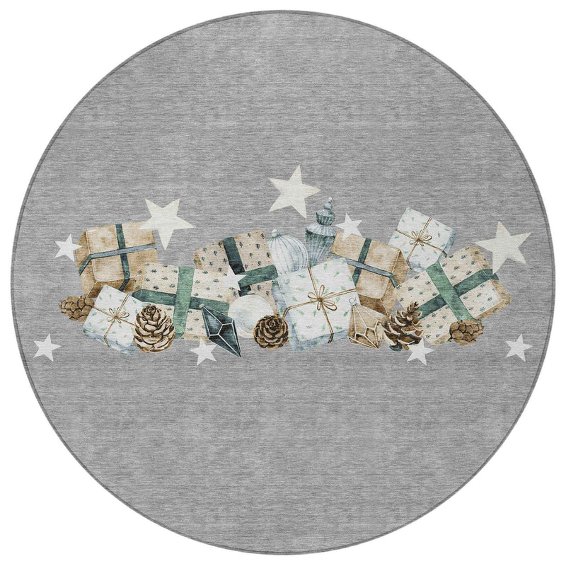 8' Gray Beige Ivory And Taupe Round Geometric Washable Indoor Outdoor Area Rug