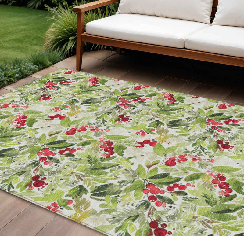 8' X 10' Artichoke Green Burgundy And Ivory Botanical Leaves Washable Indoor Outdoor Area Rug
