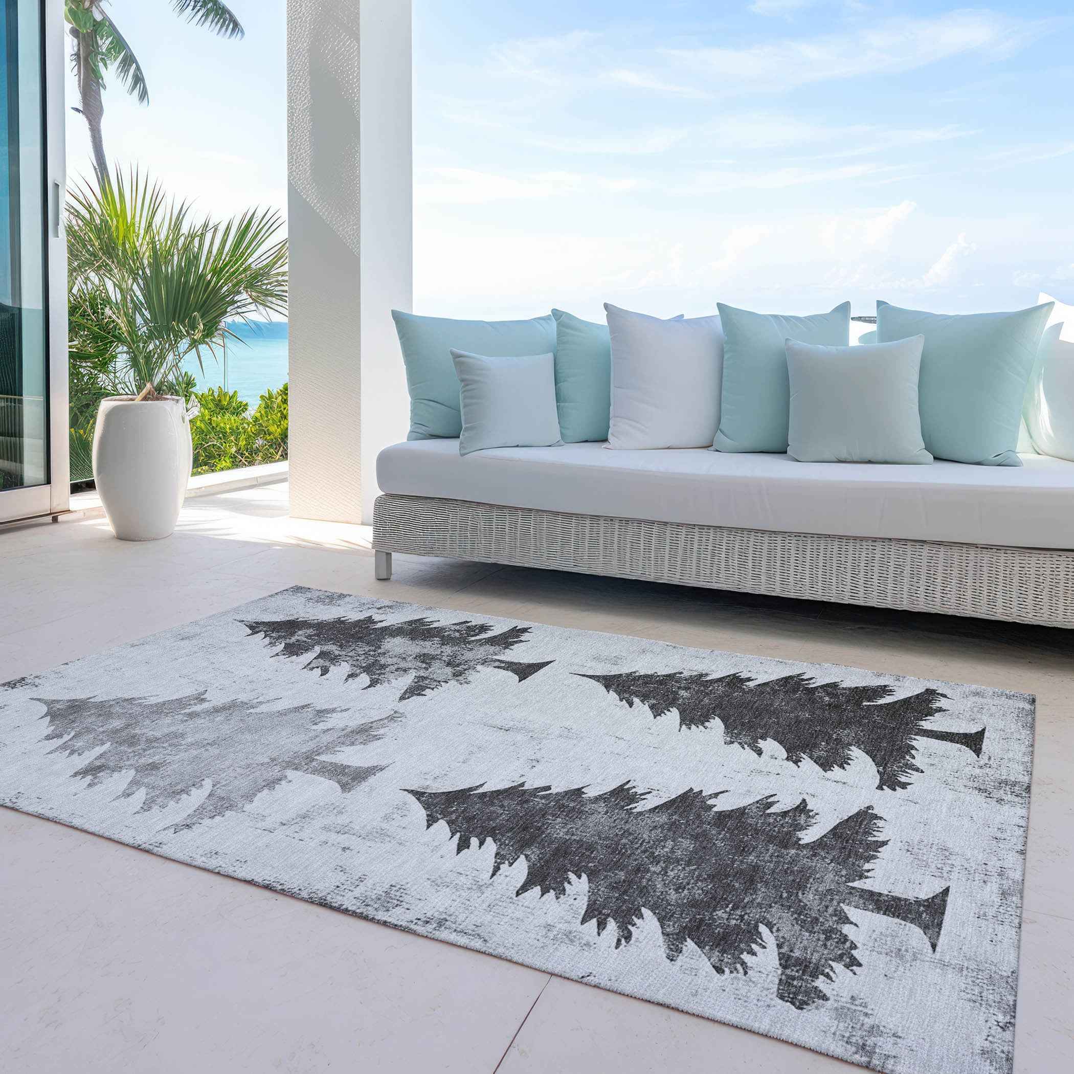 3' X 5' Gray And Silver Botanical Leaves Washable Indoor Outdoor Area Rug