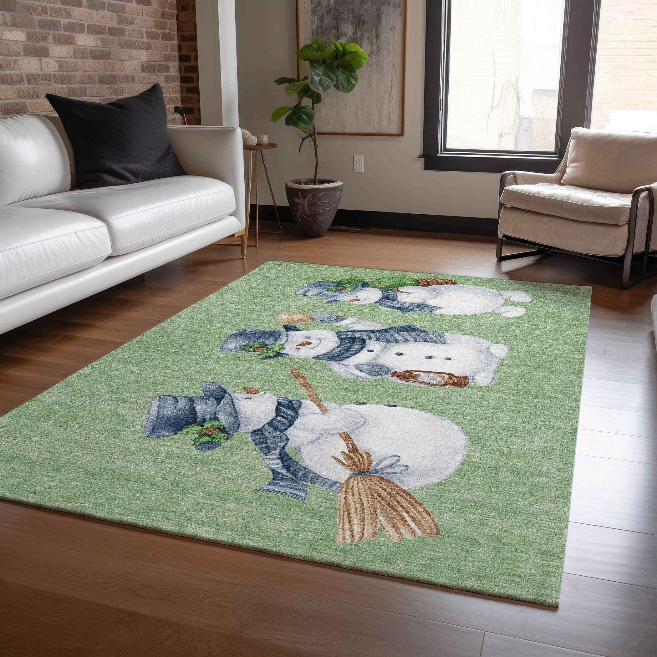5' X 8' Artichoke Green Denim Blue And Ivory Botanical Leaves Washable Indoor Outdoor Area Rug