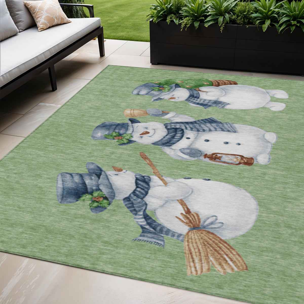 5' X 8' Artichoke Green Denim Blue And Ivory Botanical Leaves Washable Indoor Outdoor Area Rug