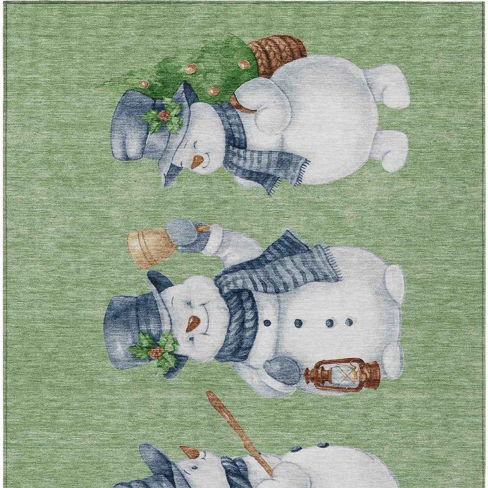 5' X 8' Artichoke Green Denim Blue And Ivory Botanical Leaves Washable Indoor Outdoor Area Rug