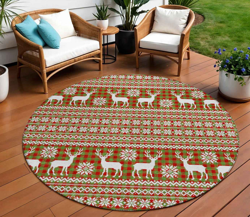 8' Fern Green Red And Ivory Round Deer Washable Indoor Outdoor Area Rug