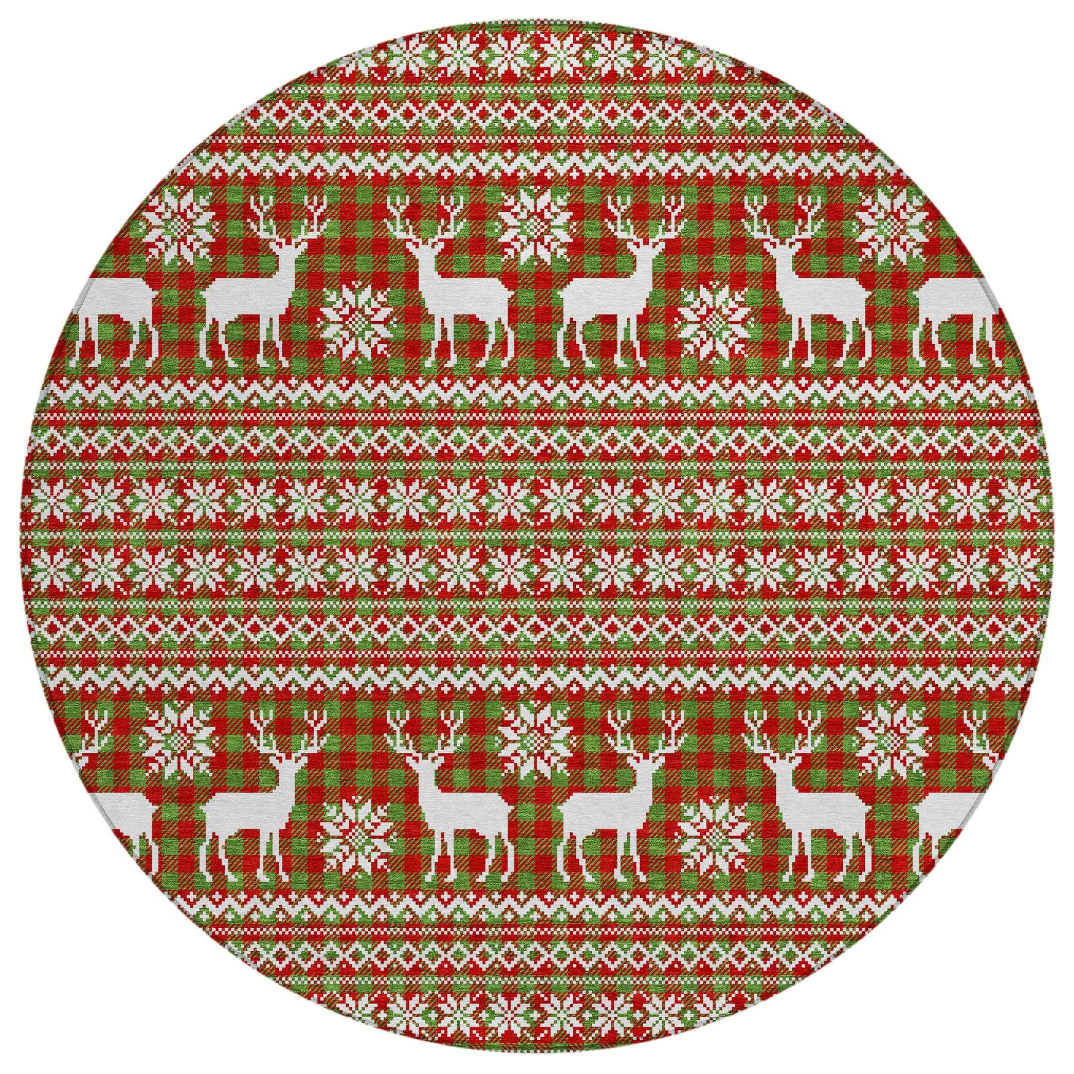 8' Fern Green Red And Ivory Round Deer Washable Indoor Outdoor Area Rug