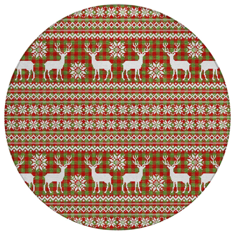 8' Fern Green Red And Ivory Round Deer Washable Indoor Outdoor Area Rug
