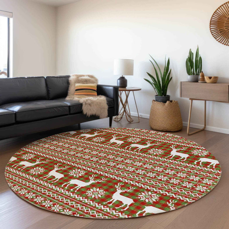 8' Fern Green Red And Ivory Round Deer Washable Indoor Outdoor Area Rug