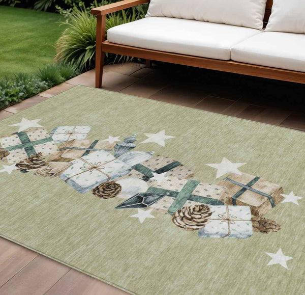 10' X 14' Artichoke Green Beige Ivory And Taupe Geometric Washable Indoor Outdoor Area Rug